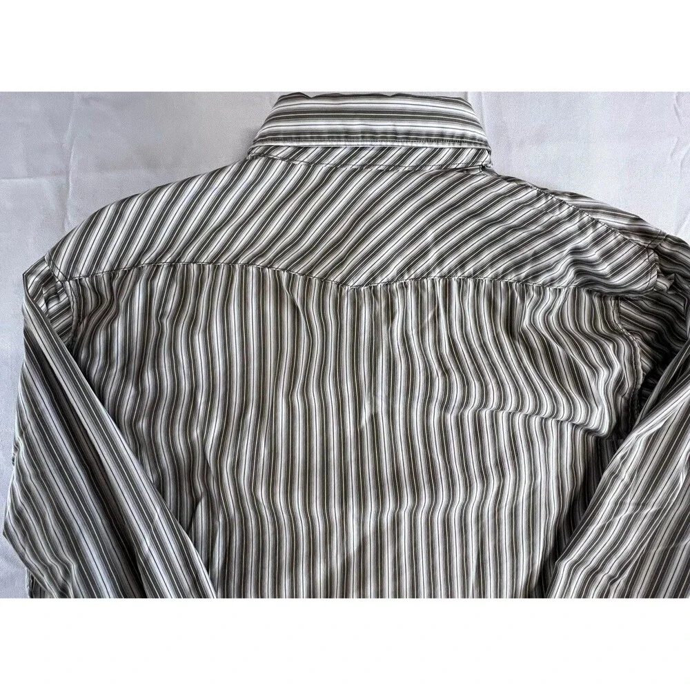 Banana Republic Mens Slim Fit Brown White StripedLong Sleeve Snap Shirt Size L